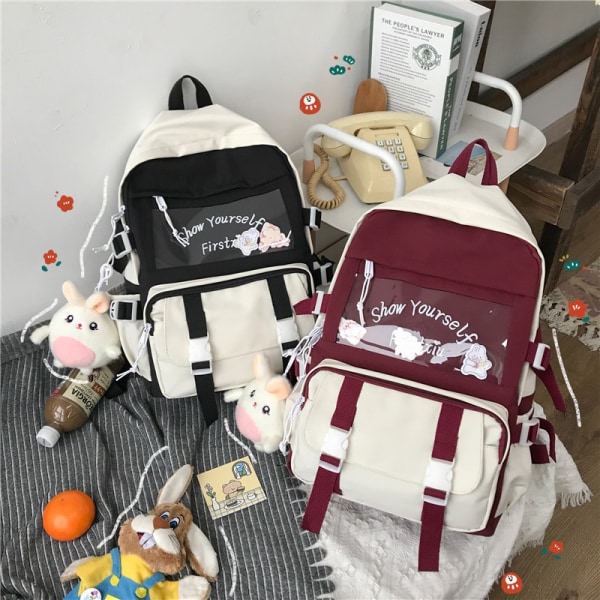 Kawaii-ryggsäck med Kawaii-nål och tillbehör Ryggsäck Söt estetisk ryggsäck Söt Kawaii-ryggsäck för skolan (röd)