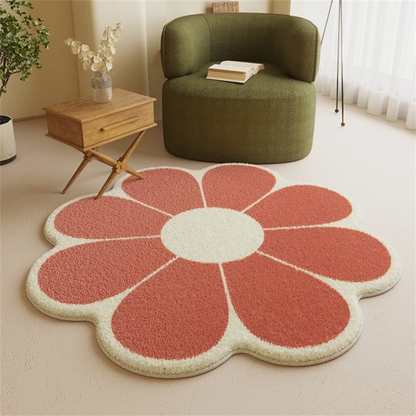 Mjuk fluffig blommatta för barnrum, kronbladsformad lurvig matta, halkfri rund nordisk dekormatta för sovrum, vardagsrum (60 cm, röd)