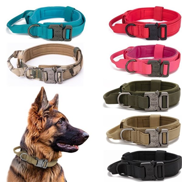 Taktiskt hundhalsband för medelstora hundar, kraftiga hundhalsband med handtag och metallmilitär färg-militär färg -L