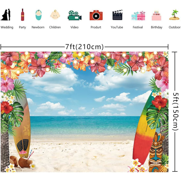 7x5FT Aloha Trooppinen Palmu Kukka Sininen Taivas Valtameri Surffilauta Havaijin Valokuvaus Tausta Vauvajuhlat Syntymäpäiväjuhlat Koriste Luau Valokuvaus