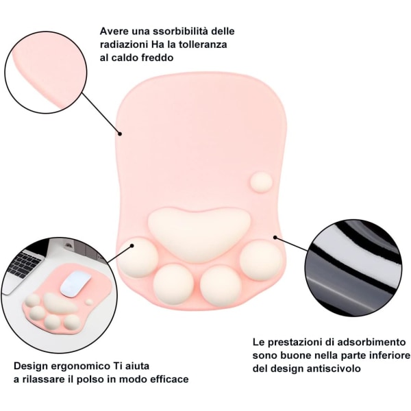 Musematte med kattepote i silikagel med håndleddstøtte, bærbar ergonomisk sklisikker spillpute, kontor/hjem dobbeltbruk skrivebord (270mm*195mm*26mm) (Rosa)