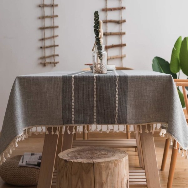 Robust duk av bomull och linne för rektangulära bord Duk med robust gallerbroderi. (140 x 220 cm, Grå-2)