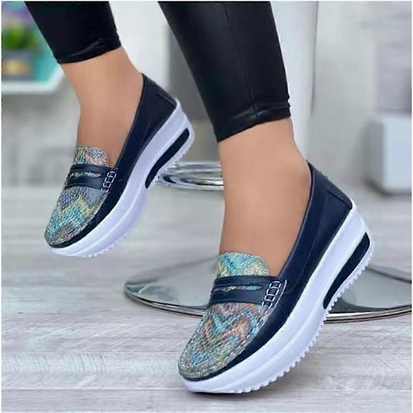 Kvinnors Platform Sneakers Runda Tå Slip-on Skor PU Tillverkade för Daglig Casual Silver 43