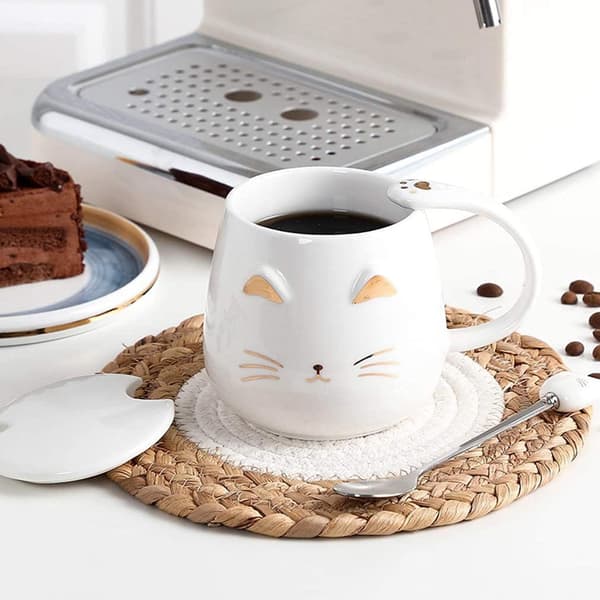 Ceramic Cat Mugs, Cat Mug, Cat Pattern, Cute Ceramic Coffee Mug with Cute Kitten Lid, Stainless Steel Spoon (White)
