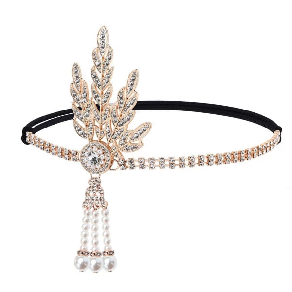 920s Flapper Headband Leaf Rhinestones Headpiece Pearl Headdress Great Gatsby Hair Accessories for Women and Girls (Gold)