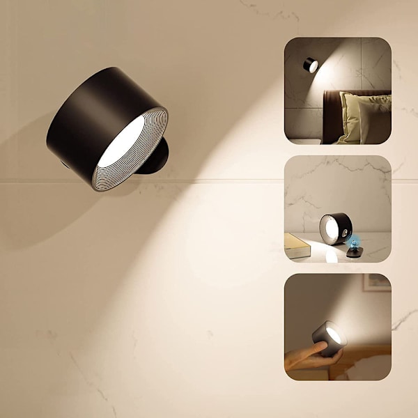 Væglampe LED Væglampe Genopladelig Batteri Væglampe med 3 Farvetilstande 3 Lysstyrkeniveauer, 360° Roterende Magnetisk Kugle Touch Kontrol, Indendørs W Blakc