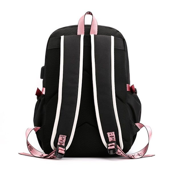 Reppu Kannettavan tietokoneen laukku Kirjalaukku USB-latauksella ja kuulokeliitännällä (Musta ja vaaleanpunainen)