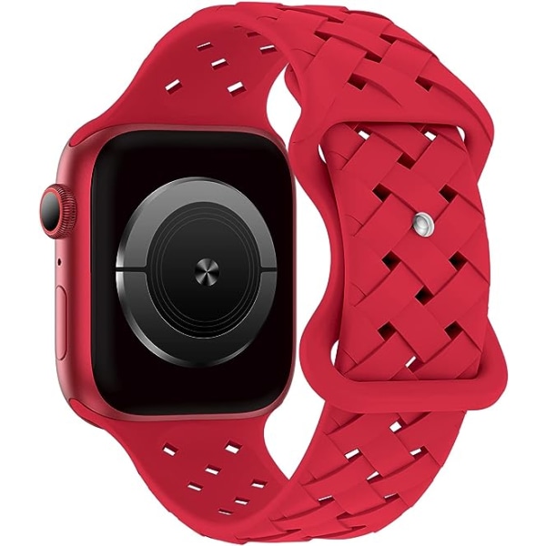 Silikonflätade vävband Kompatibel med Apple Watch 42mm 44mm 45mm 49mm, Ersättningssilikon Sport Andningsrem för kvinnor Män-Röd