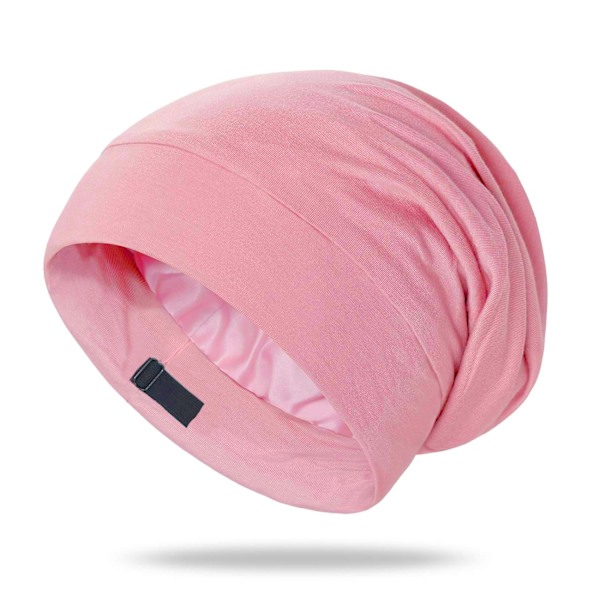 Sidenhatt, sovhatt, mjuk hårscarf, skyddande hatt, satinfordrad hatt, justerbar turban, mössa, sjuksköterskehatt, hatt för mediumlockigt och krusigt hår Pink