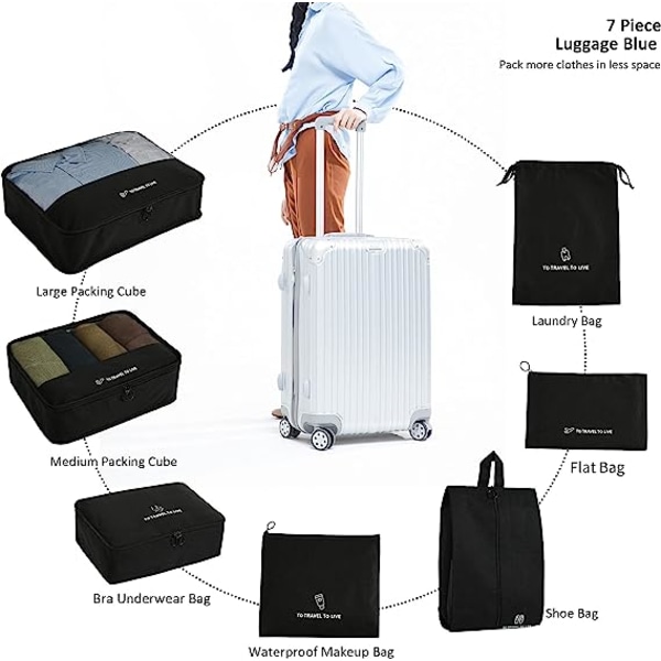 7 set packningskuber Resbagageorganisatorer med tvättväska, skoväska och toitetrybag, lätt bagage för bärväska