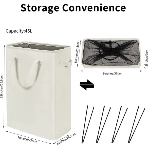 Ultratynn kleskurv med håndtak, sammenleggbar kurv for skittentøy, slank pose, sammenleggbar klut benvit
