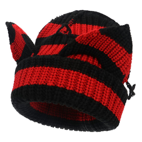 Dame Knitted Beanie Caps Y2K Gothic Katteøre Skull Hat Varmt Vinterhat Sød Djævelhorn Cap Ørebeskytter svart+rött M（56-58cm）