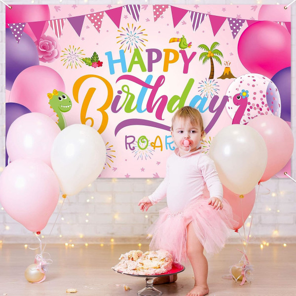 (7x5ft)Födelsedagsfest för dinosauriebakgrund Pojke/flicka Födelsedagsspelbanner för födelsedagsdekoration, baby och fototillbehör (rosa)