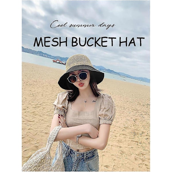 Mesh bucket hat, bomuldssolhat, sommer strandhat, åndbare hatte til kvindergul black