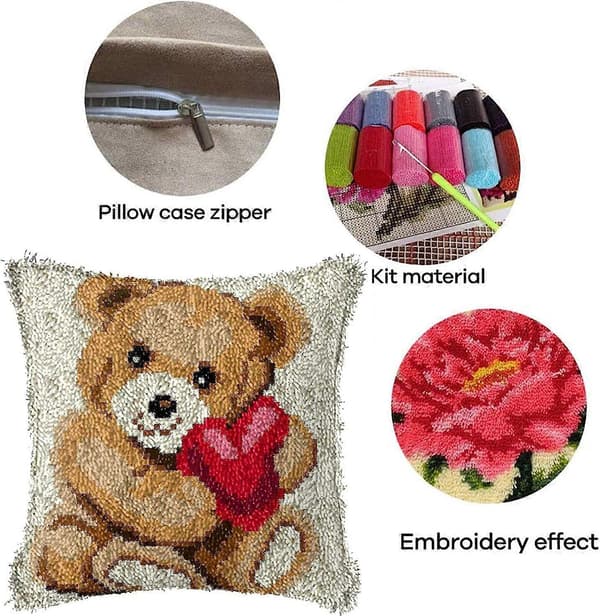 Latch Hook Kit for Kids and Adult Beginners, DIY Pillow Cover Making Kits with Bear Pattern Printed Canvas Pattern Gift for Christmas, 40 cm