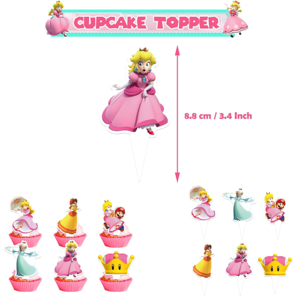 Fødselsdagsfestutstyr for prinsesse Peach, bursdagsbannere - kake- og cupcake-toppere - 16 lateksballonger til prinsesse Peach-festdekorasjoner