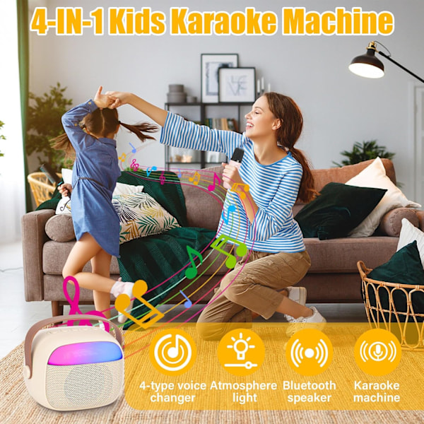 Karaokemaskin for barn med 2 trådløse mikrofoner, bærbart KTV-system med Bluetooth, høyttaler med stemmeforvrengningseffekter og LED-lys White