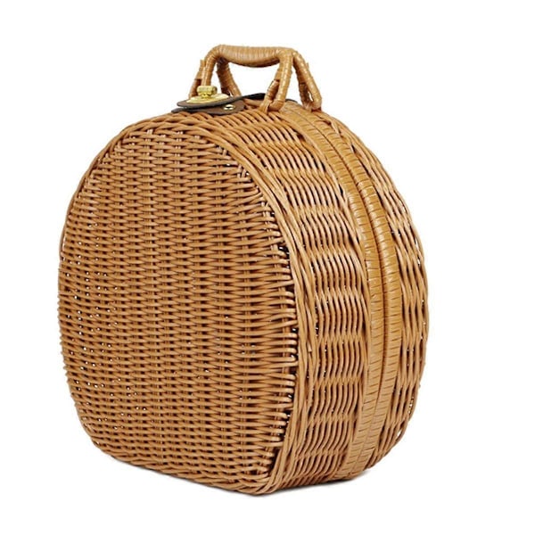 Rund Rattan Kuffertkurv, Vintage Rattan Vævet Opbevaringskuffert Flet Opbevaringsboks med Håndtag