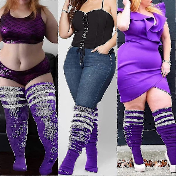 Plus Size Dame Lårstrømper til Tykke Lår - Ekstra Lange Stribede Tykke Over Lila vit