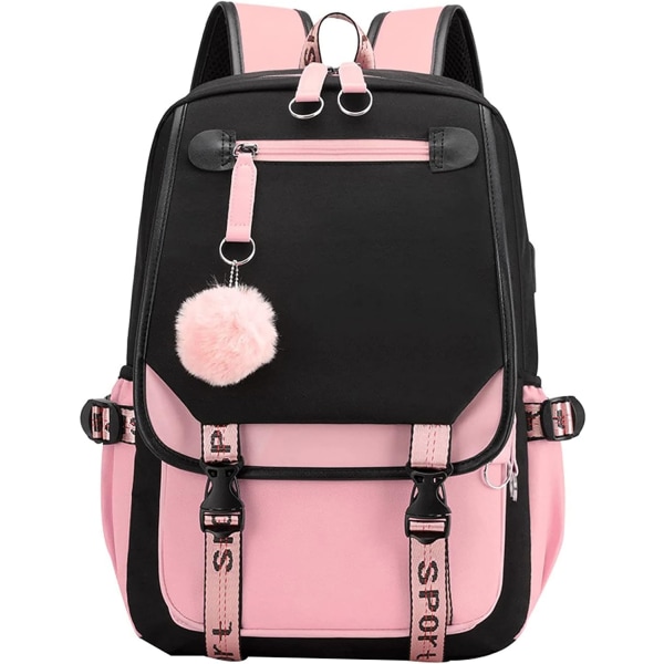 Backpack Laptop Bag School Bag Men Women With USB Charging and Headphone Port Casual Backpack Outdoor Backpack Black Pink