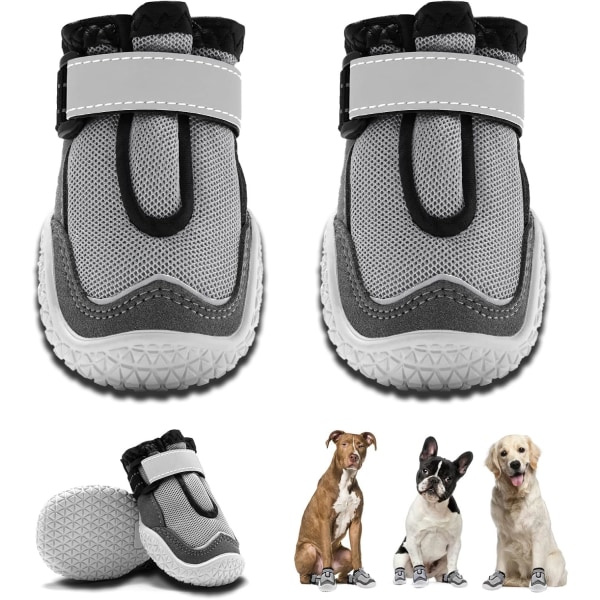 Hundeboots pustende hundesko for varmt fortau, varmebestandige hundestøvler med reflekterende stropper, valpepotebeskyttere for fotturer grå størrelse 5