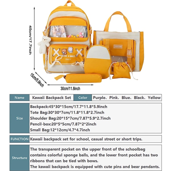 5st Kawaii Ryggsäck Set med söta hängen och nålar Tillbehör Estetisk ryggsäck för tonårsflickor 17 i söta skolväskor Bokväska Gul