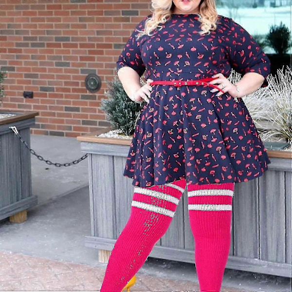 Plus Size Dame Lårstrømper til Tykke Lår - Ekstra Lange Stribede Tykke Over Rose Vit