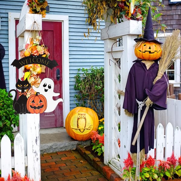 Halloween Træhængende Skilt - Spøgelse, Sort Kat & Græskar Design, Dørkrans, Glad Halloween Dekoration til Hjemmet