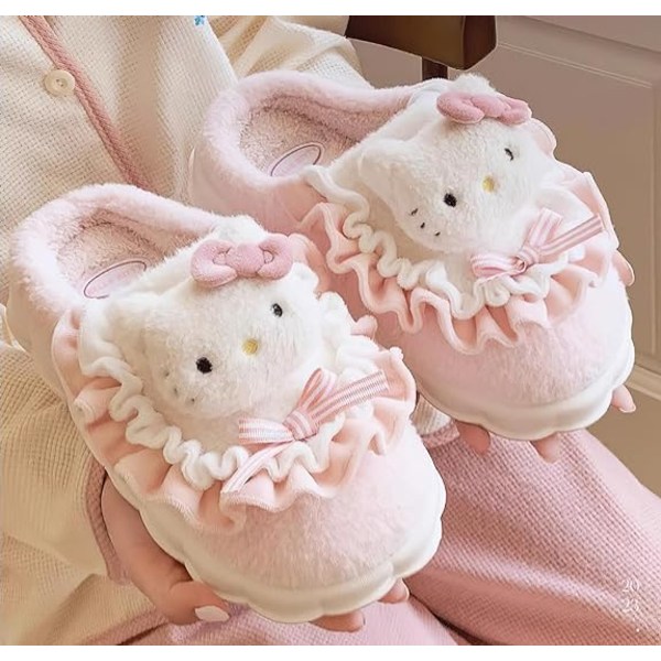 Kawaii Tofflor Cute Furry Slides - Cartoon Womens Four Seasons Home Cotton Tofflor House Home Shoes For Women Rosa KT kattskor innerlängd 24cm