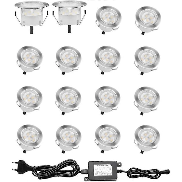 16 stk. LED indbyggede spotlights, IP67, 0,6W DC12V, hvidt lys [Energiklasse A+]