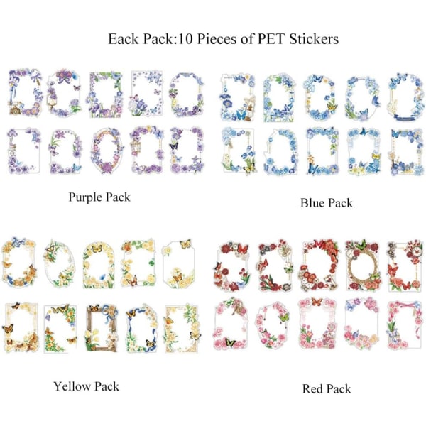 Scrapbook-klistermärken 4-pack, 10 stycken vardera för Junk Bullet-vattenflaskor Laptop, PET Estetiska Deco-klistermärken Journalföring Blomma- och fjärilsram