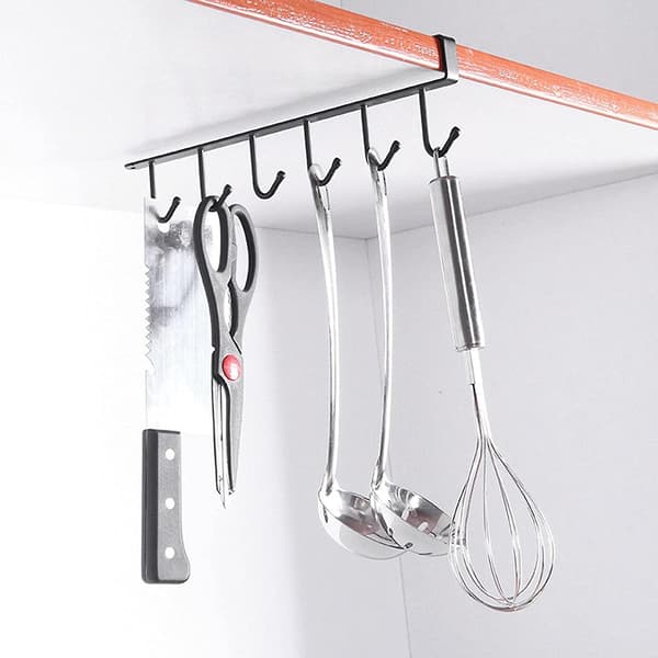 Iron 6 Hooks Storage Rack - Home Storage Mug Hooks - Kitchen Under Cabinet Organizer Hook Rack, Slide On Mug Hooks Under Cabinet, No Drilling
