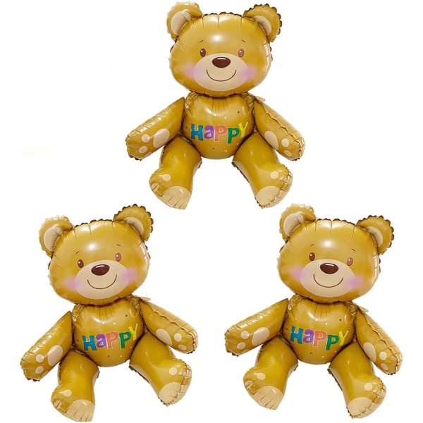 4D Teddy Bear Baby Shower dekorationer, födelsedagsfest tillbehör Björn Mylar folieballonger, 3-pack självstående djungelsafari ballonger med djurtema