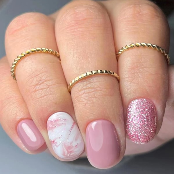 Glitterrosa enfärgad tryck på naglar Kort kista form falska naglar glänsande cover konstgjorda naglar Återanvändbara stick on naglar