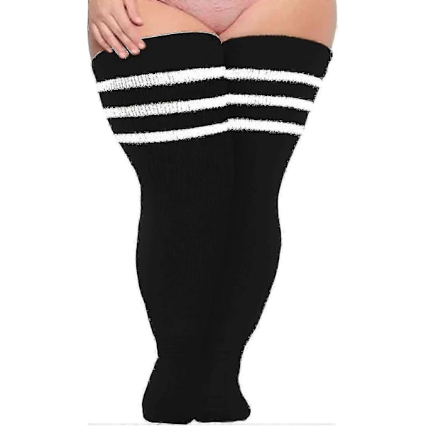 Plus Size Dame Lårstrømper til Tykke Lår - Ekstra Lange Stribede Tykke Over Svart vit