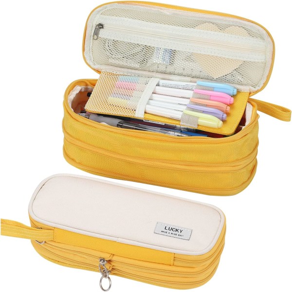 Large Capacity Pencil Bag for Girls Kids Adults Women Zipper Pencil Pouch Aesthetic Big Pen Case with Handle for School Office Yellow