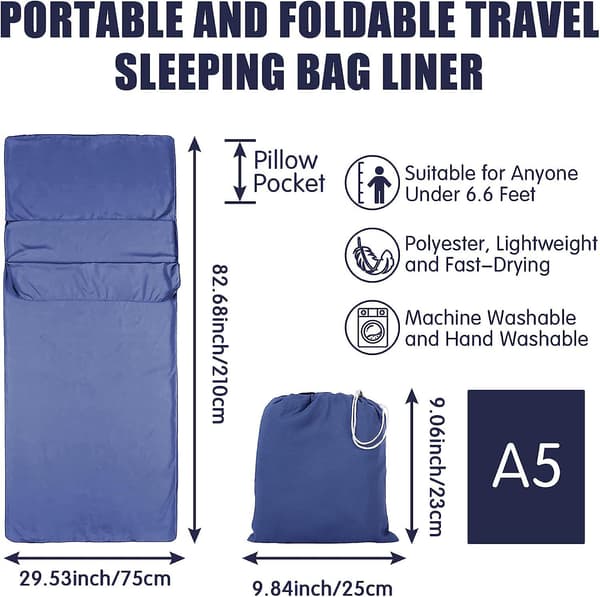 AURA Liners Rejselagen Soveposefor, 75 x 210 cm Bærbart Polyester Soveposefor til Rejsehostels, Marineblå