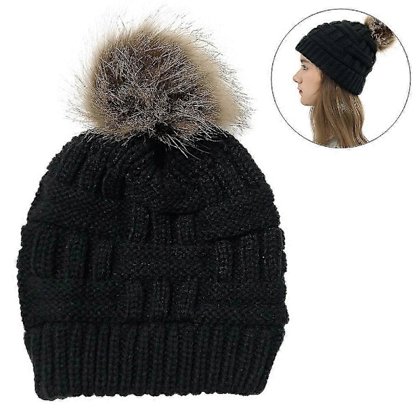 Damhatt för Alla Hjärtans Dag, Varm Stickad Ull, Tjock Hatt med Hästsvanshål, Beanie-Blandning, 1 St (Svart)