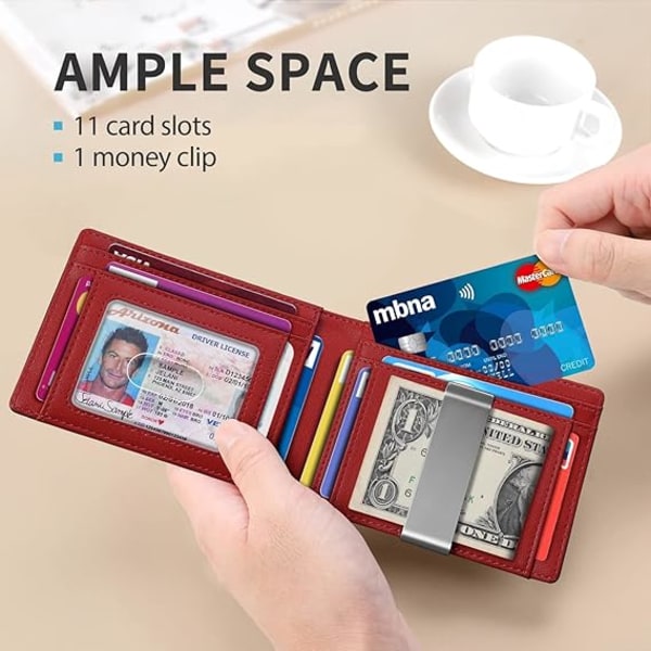 Smal Money Clip-plånböcker för män RFID-blockerande 11-kortshållare Minimalistisk Liten Läder Bifold Herr Plånbok Framficka Presentask - svart röd