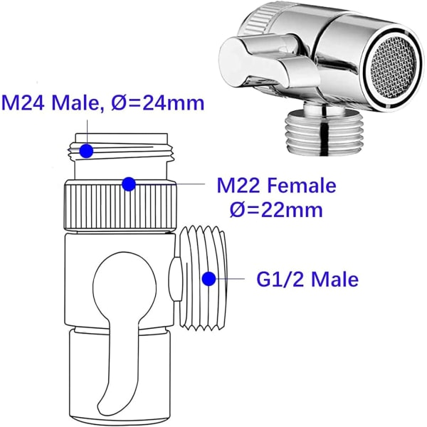 Vattenavledningsventil med luftare, 3-vägs avledningsventil för handdusch, handfatblandare för kök och badrum, med M22/M24/G1/2” adaptrar