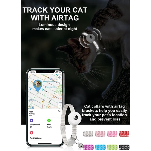 AirTag katthalsband - Integrerat reflekterande halsband med AirTag hållare - GPS-kattungar och valpar - Katthalsband med justerbar BellCat - Vit