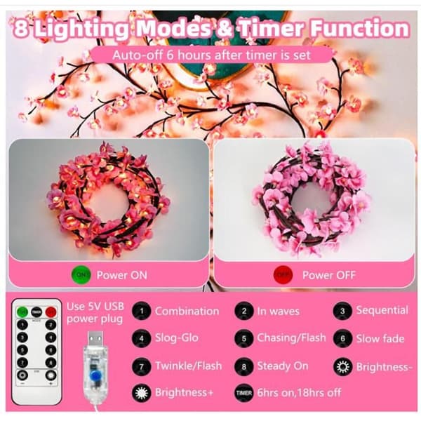 Cherry Blossom String Lights, Cherry Blossom Branch Shaped Lamp - 96 LED Sakura Wall Decoration, 8 Modes &