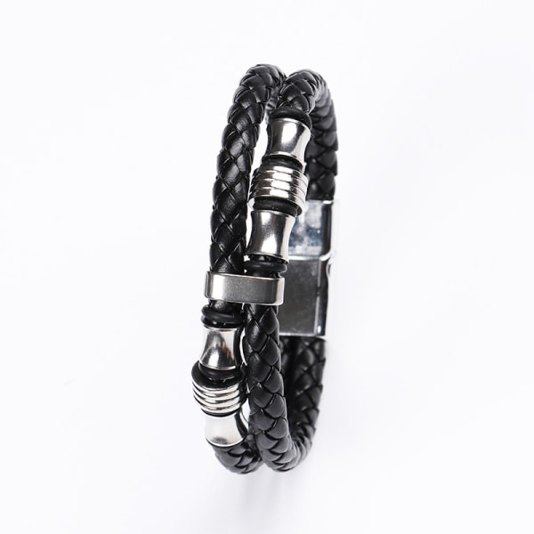 Dubbelradigt flätat läderarmband för män Armbandsarmband med prydnader i rostfritt stål (svart-vit)