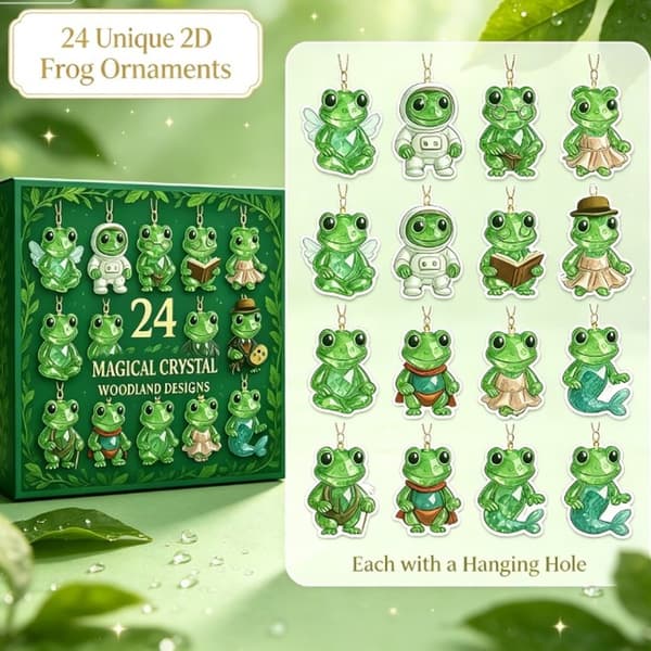 Crystal Frog Advent Calendar 2026, 24-Day Christmas Countdown with 2D Flat Frog Hanging Ornaments