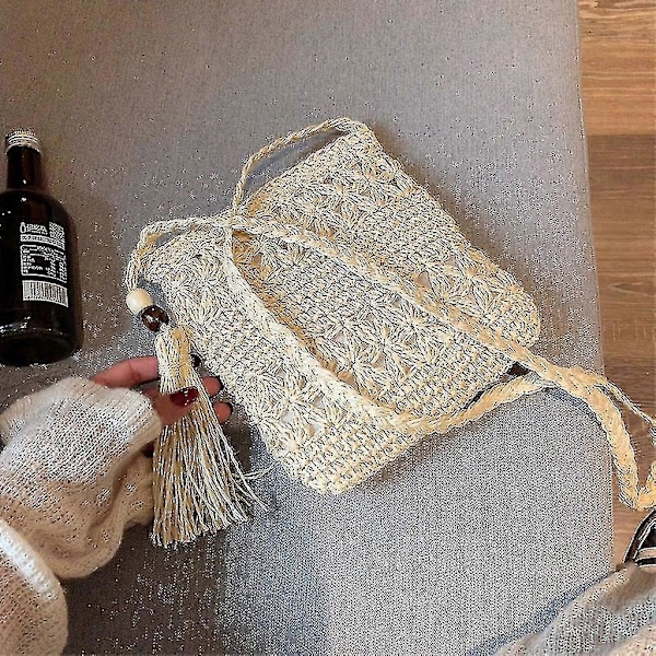 Halmväska Strand Vävd Halm Axelväska med Tofsar Boho Ihålig Virkad Crossbody Khaki