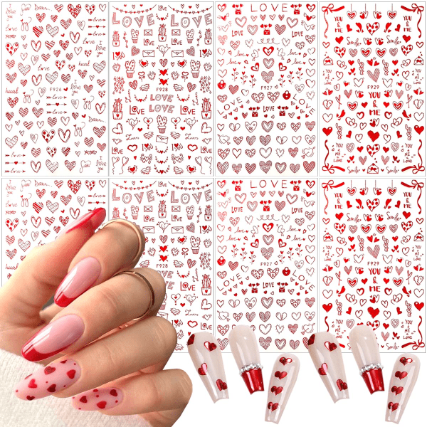 8 Sheets Heart Nail Art Stickers Love Hearts Nail Decals for Women 3D Self Adhesive Valentine’s Day Nail Art Supplies Laser Red Heart Glitter Designs