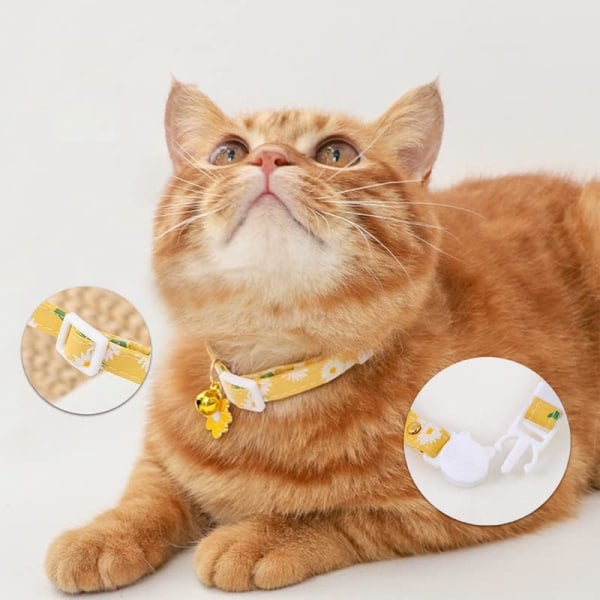 Set med 2 katthalsband i bomull med klocka, gult och grönt blomsterhänge Söt katthalsband för kattunge