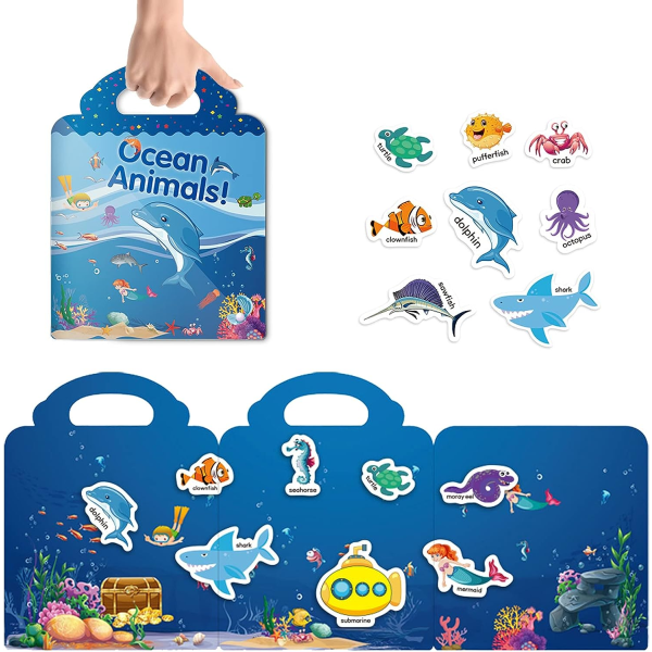 Återanvändbara klistermärken Books-Ocean Animal Stickers, Hållbara och icke-vidhäftande, fönsterklämmor för barn, Pedagogiska klistermärken Leksak för barn Småbarn