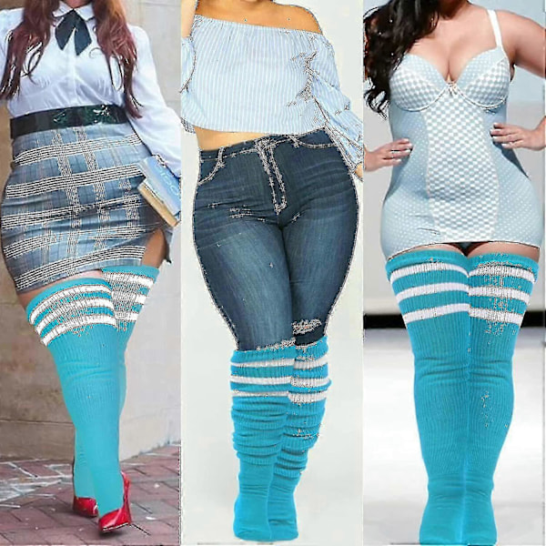 Plus Size Dame Lårstrømper til Tykke Lår - Ekstra Lange Stribede Tykke Over Blå vit