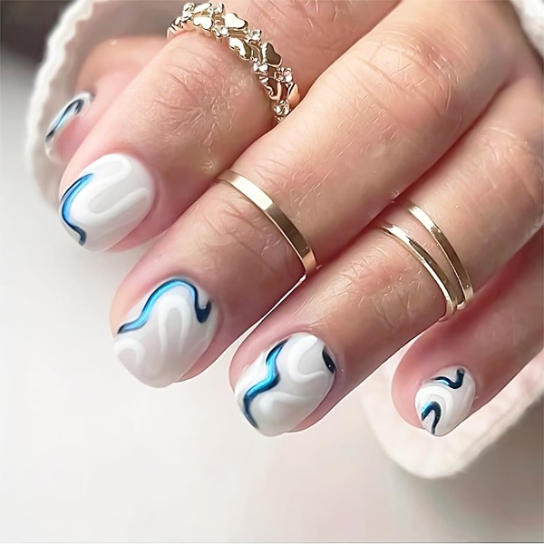 24 st Square Press On Nails Korta falska naglar med vit blå randdesign lösnaglar konstgjorda glitternaglar cover blank akrylnagel